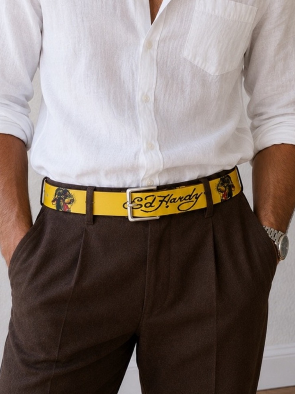 Ed Hardy Yellow Graphic Faux Leather Logo Belt